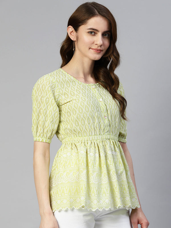 Jainish Women's Chikankari Work Empire Top - Green - Distacart