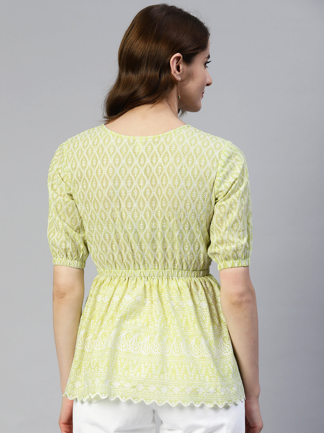 Jainish Women's Chikankari Work Empire Top - Green - Distacart