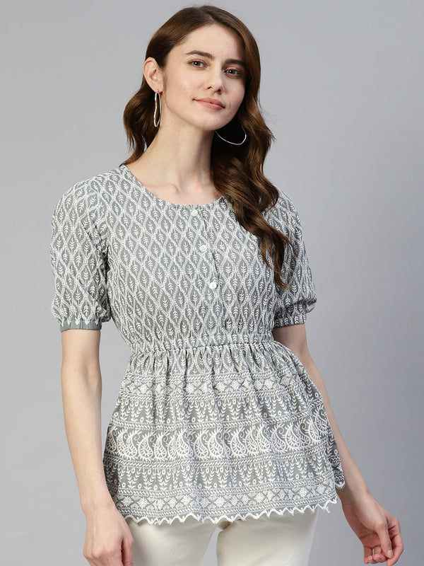 Jainish Women's Chikankari Work Empire Top - Grey - Distacart