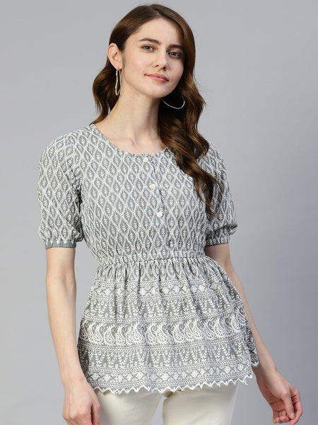 Jainish Women's Chikankari Work Empire Top - Grey - Distacart
