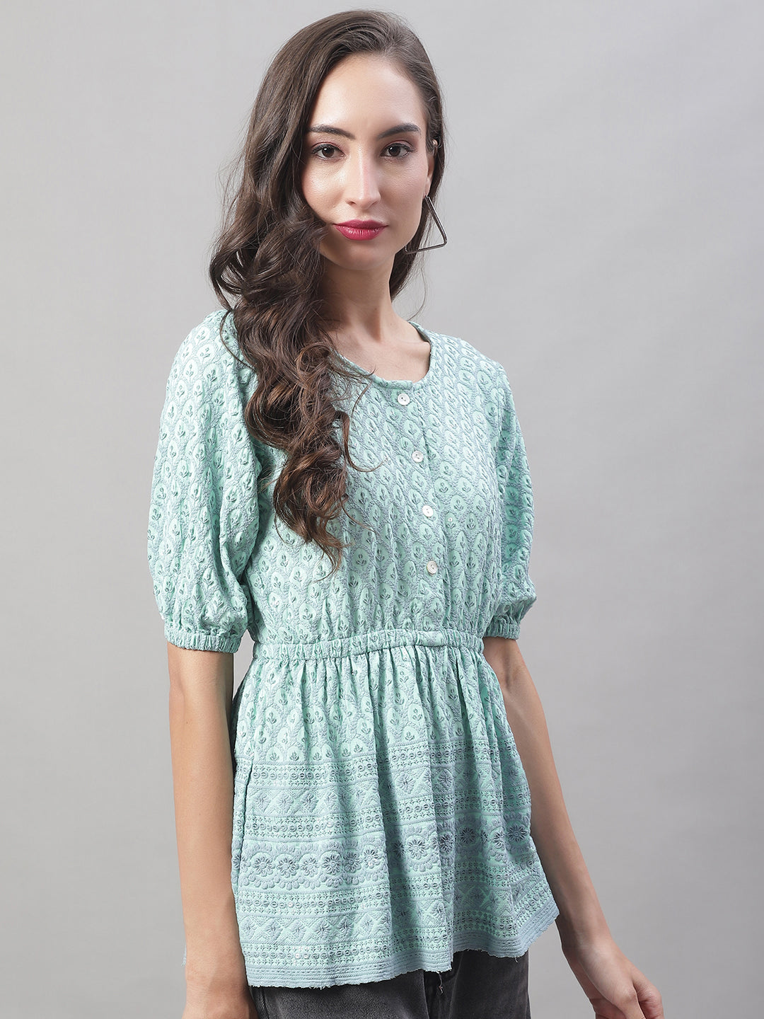 Jainish Women's WoChikankari Work Empire Top - Sky Blue - Distacart