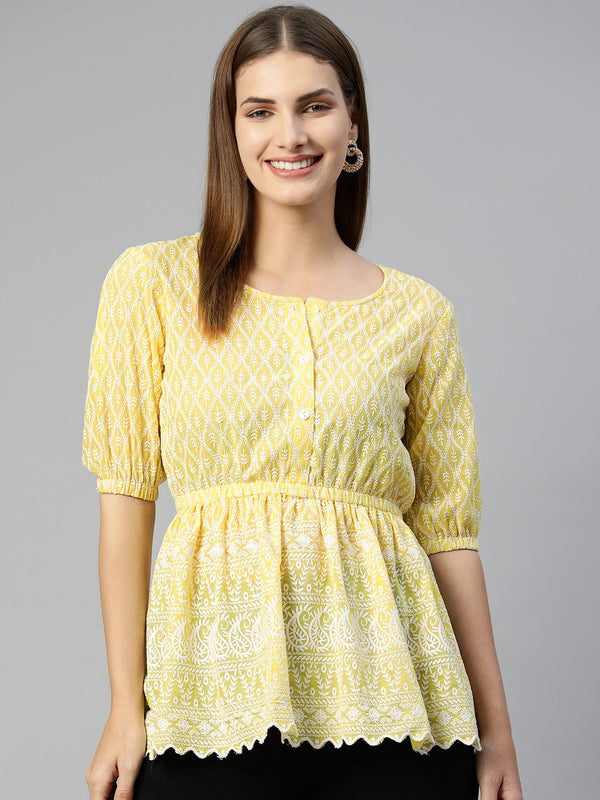 Jainish Women's Chikankari Work Empire Top - Yellow - Distacart