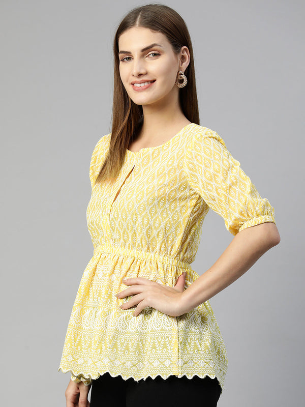 Jainish Women's Chikankari Work Empire Top - Yellow - Distacart