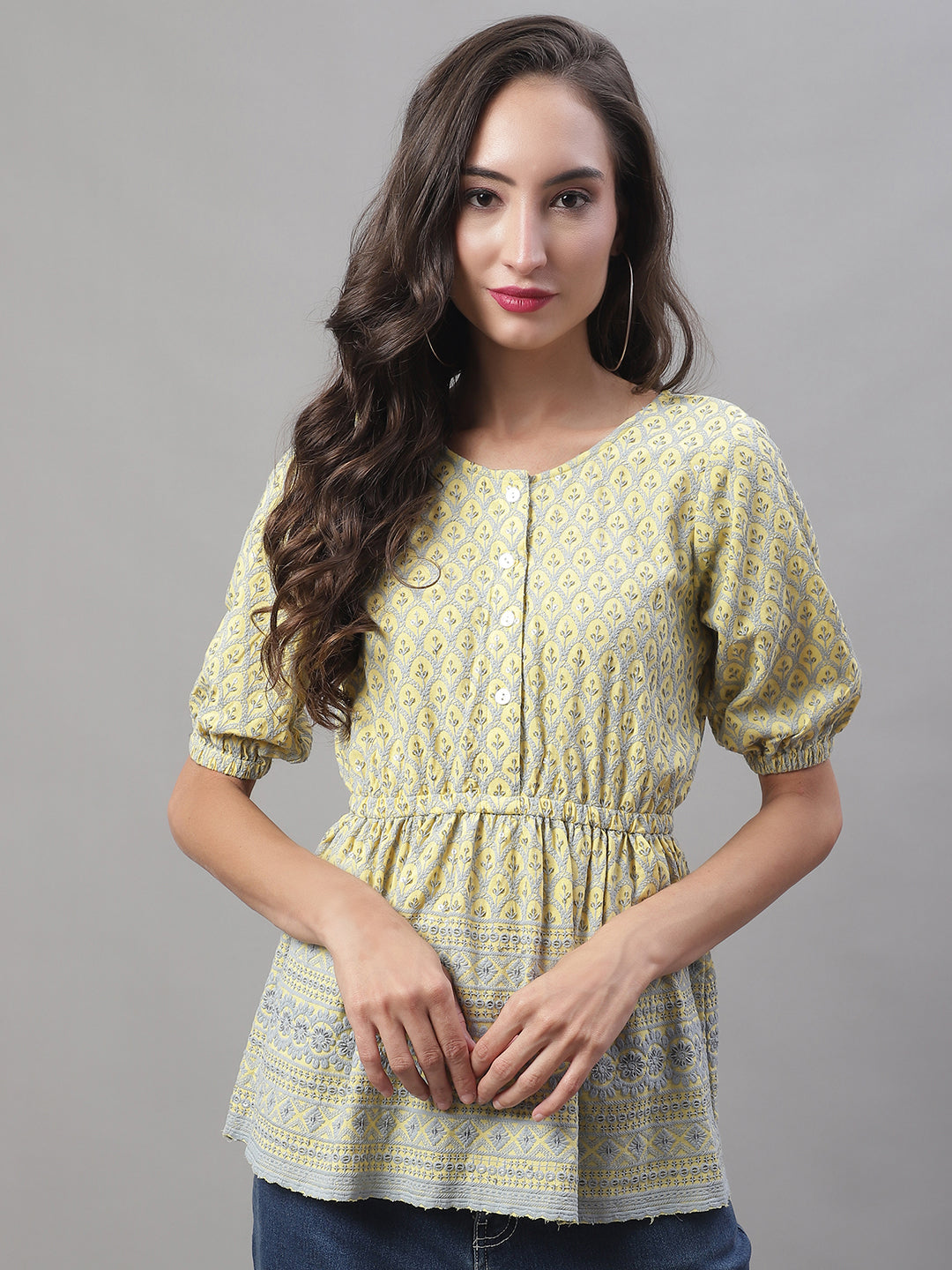 Jainish Women's WoChikankari Work Empire Top - Lemon - Distacart