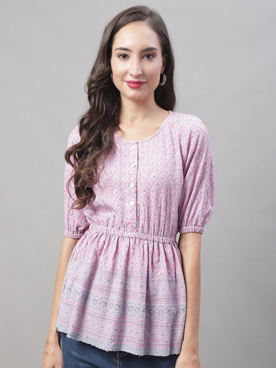 Jainish Women's WoChikankari Work Empire Top - Magenta - Distacart