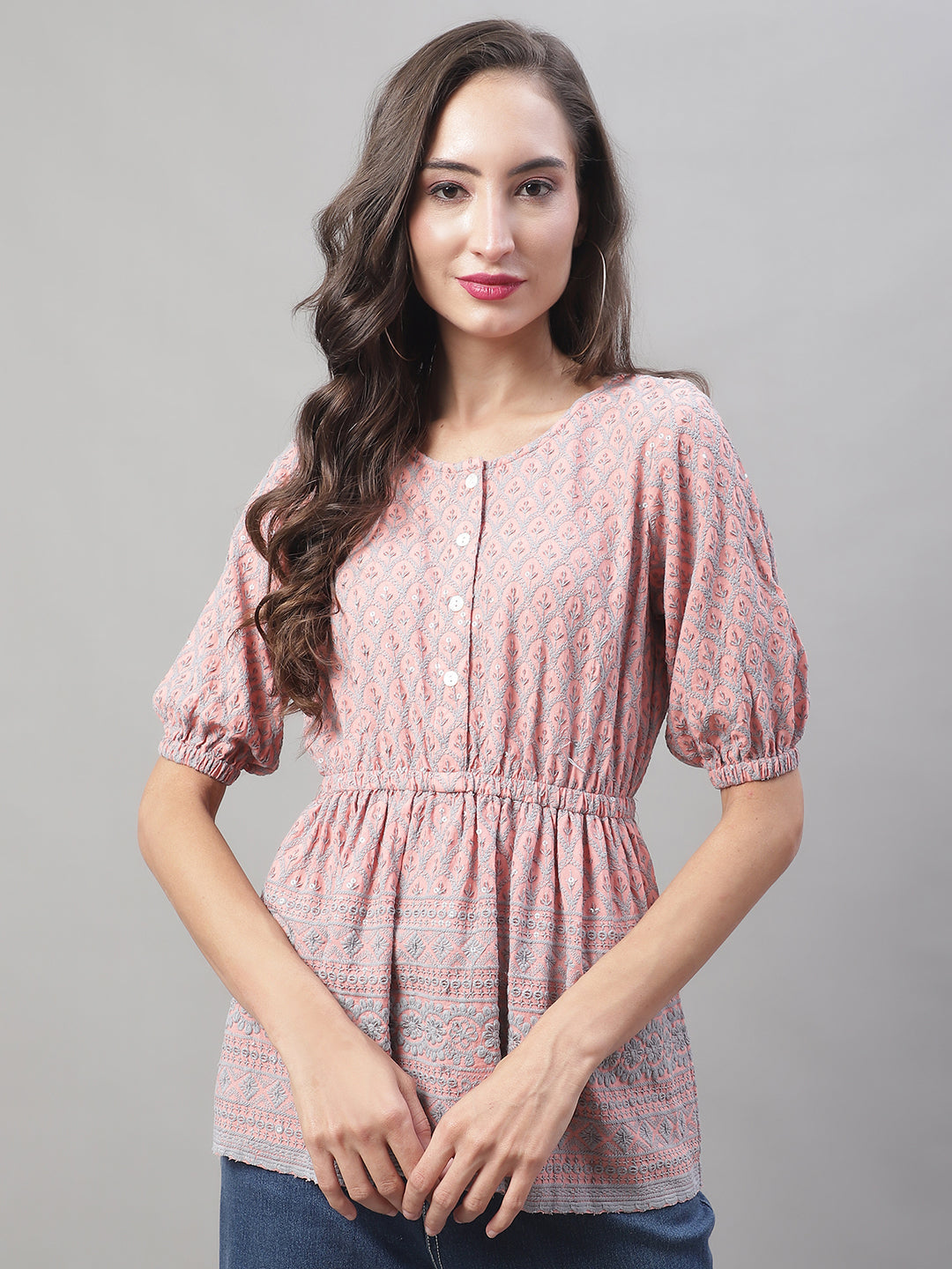 Jainish Women's WoChikankari Work Empire Top - Peach - Distacart