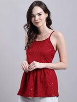 Thumbnail for Jainish Women's WoMaroon Chikankari Sequen Work Empire Top - Distacart