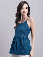 Thumbnail for Jainish Women's WoPeacock Blue Chikankari Sequen Work Empire Top - Distacart