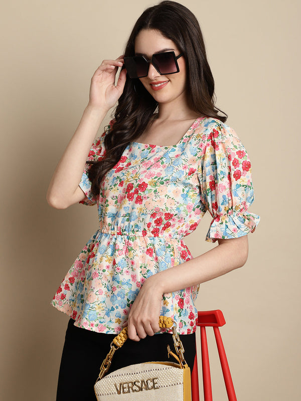 Jainish Women's Floral Print Puff Sleeves Top - Multi - Distacart