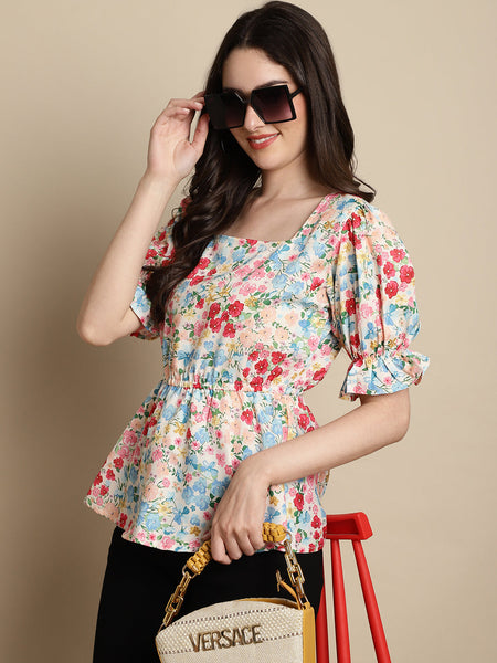 Jainish Women's Floral Print Puff Sleeves Top - Multi - Distacart