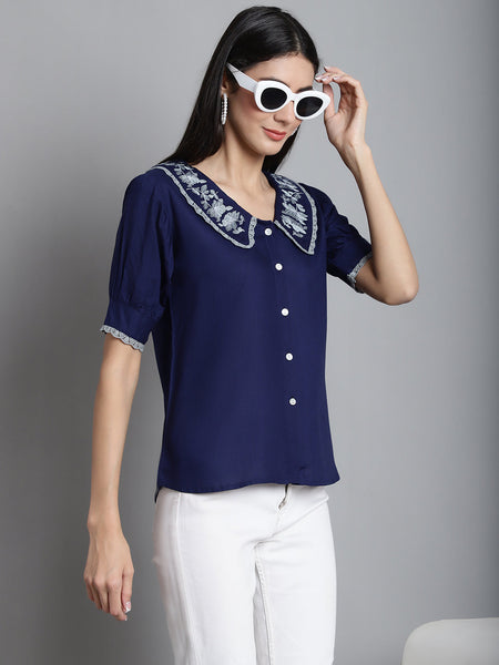 Jainish Women's Embroidered Peter Pan Collar Top - Navy Blue - Distacart