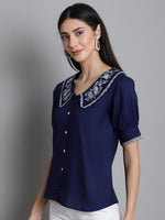 Thumbnail for Jainish Women's Embroidered Peter Pan Collar Top - Navy Blue - Distacart
