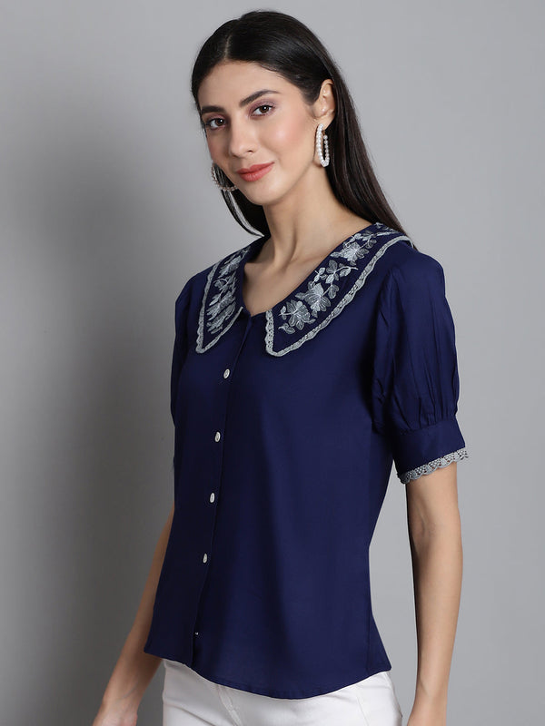 Jainish Women's Embroidered Peter Pan Collar Top - Navy Blue - Distacart