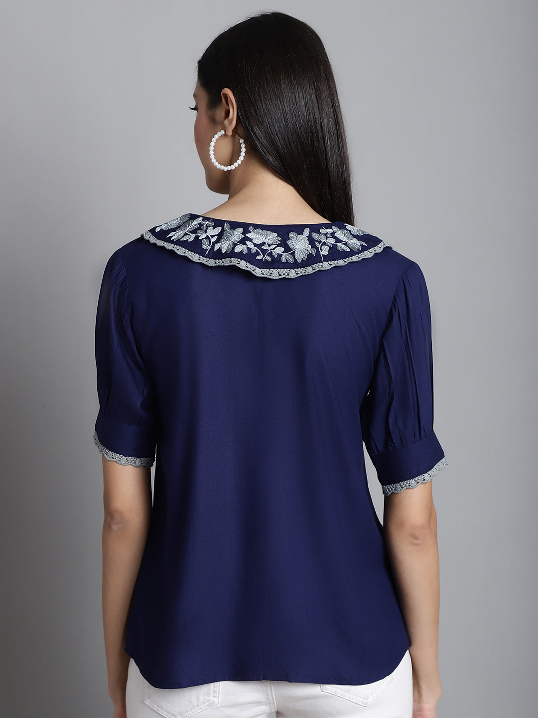 Jainish Women's Embroidered Peter Pan Collar Top - Navy Blue - Distacart