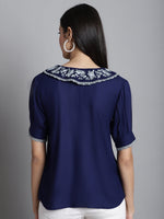 Thumbnail for Jainish Women's Embroidered Peter Pan Collar Top - Navy Blue - Distacart