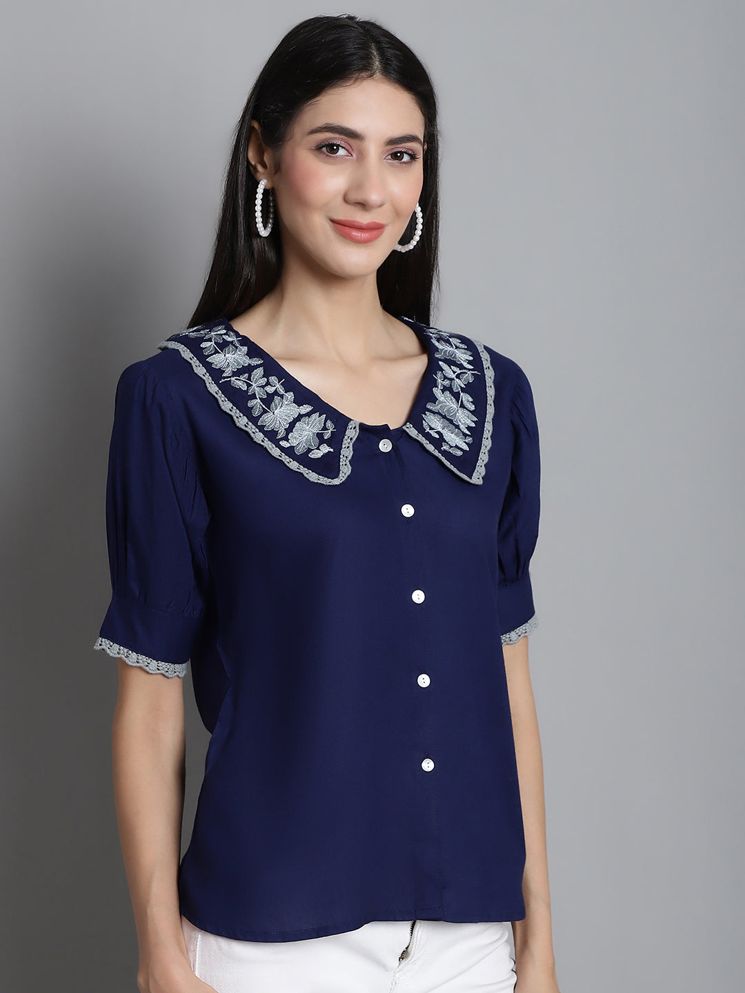 Jainish Women's Embroidered Peter Pan Collar Top - Navy Blue - Distacart