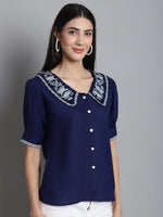 Thumbnail for Jainish Women's Embroidered Peter Pan Collar Top - Navy Blue - Distacart