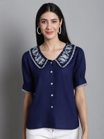 Thumbnail for Jainish Women's Embroidered Peter Pan Collar Top - Navy Blue - Distacart