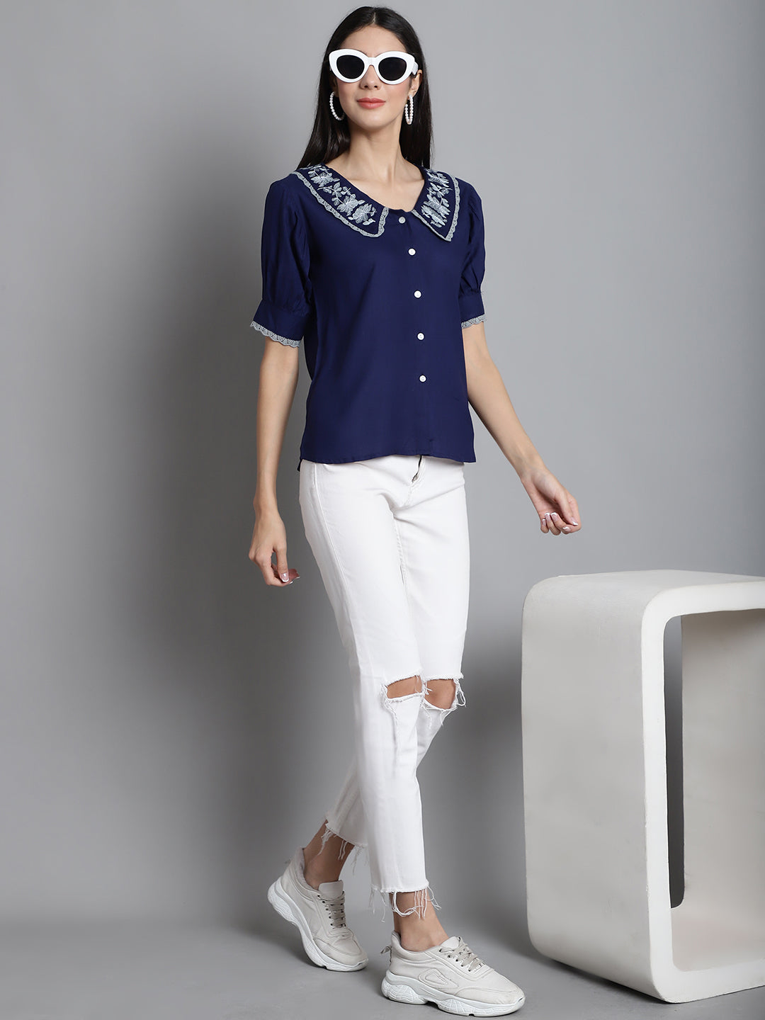 Jainish Women's Embroidered Peter Pan Collar Top - Navy Blue - Distacart