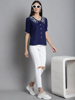 Thumbnail for Jainish Women's Embroidered Peter Pan Collar Top - Navy Blue - Distacart