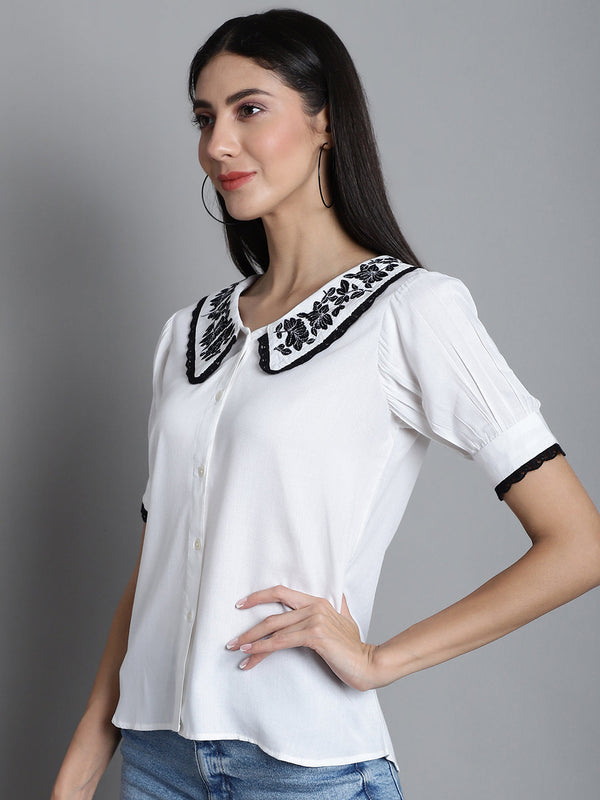 Jainish Women's Embroidered Peter Pan Collar Top - White - Distacart