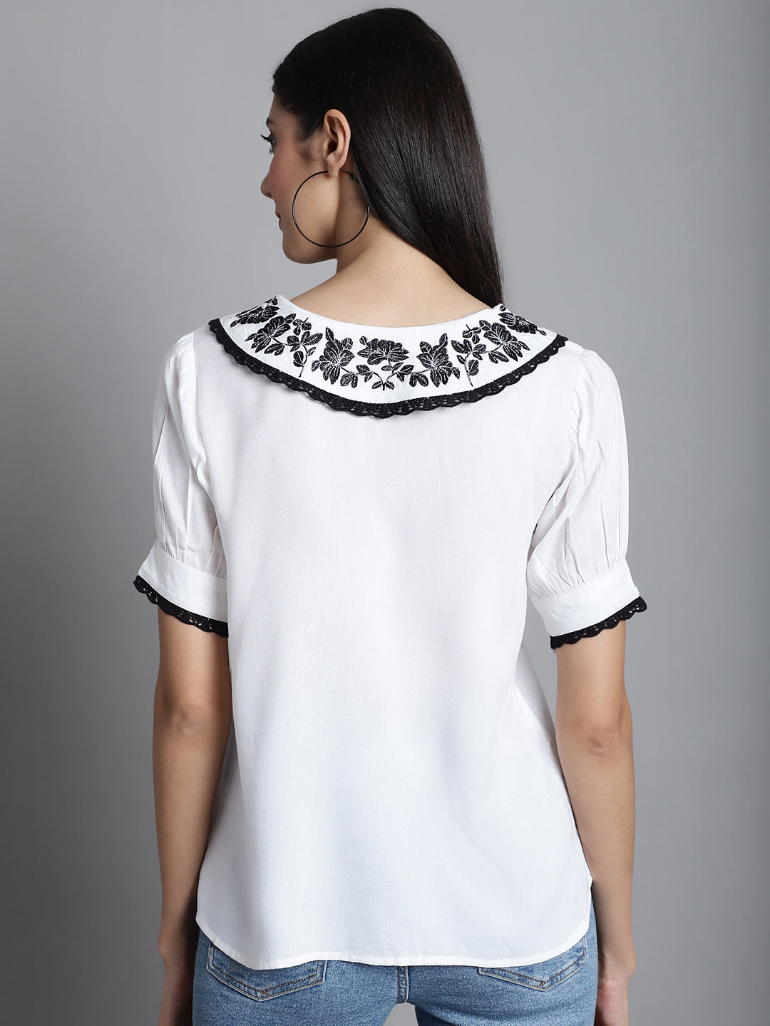 Jainish Women's Embroidered Peter Pan Collar Top - White - Distacart