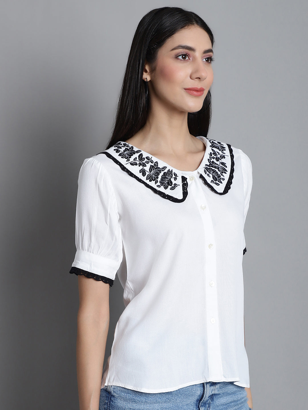Jainish Women's Embroidered Peter Pan Collar Top - White - Distacart