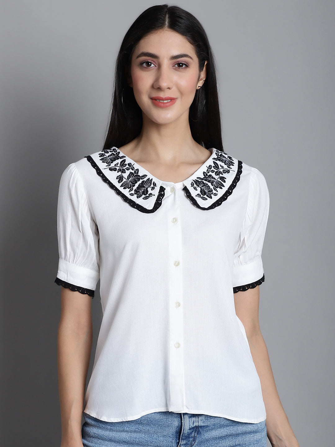 Jainish Women's Embroidered Peter Pan Collar Top - White - Distacart