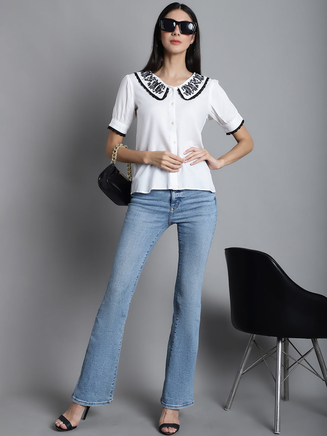 Jainish Women's Embroidered Peter Pan Collar Top - White - Distacart