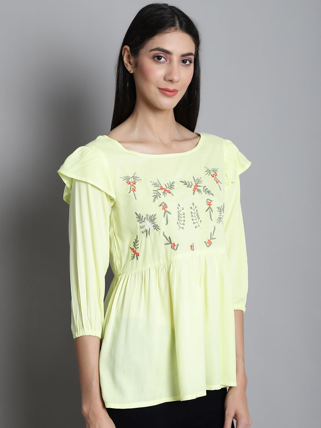 Jainish Women's Embroidered Stylish Top - Lemon - Distacart