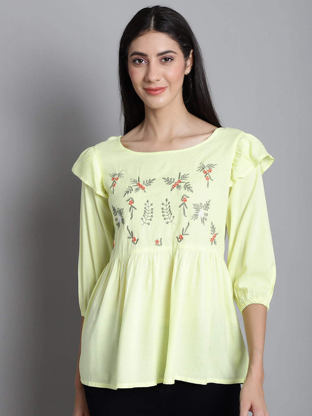 Jainish Women's Embroidered Stylish Top - Lemon - Distacart