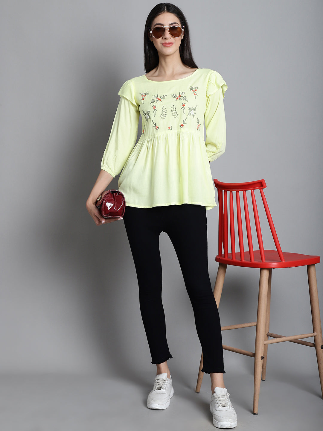 Jainish Women's Embroidered Stylish Top - Lemon - Distacart