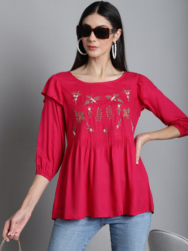 Jainish Women's Embroidered Stylish Top - Red - Distacart