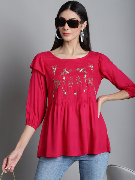 Jainish Women's Embroidered Stylish Top - Red - Distacart