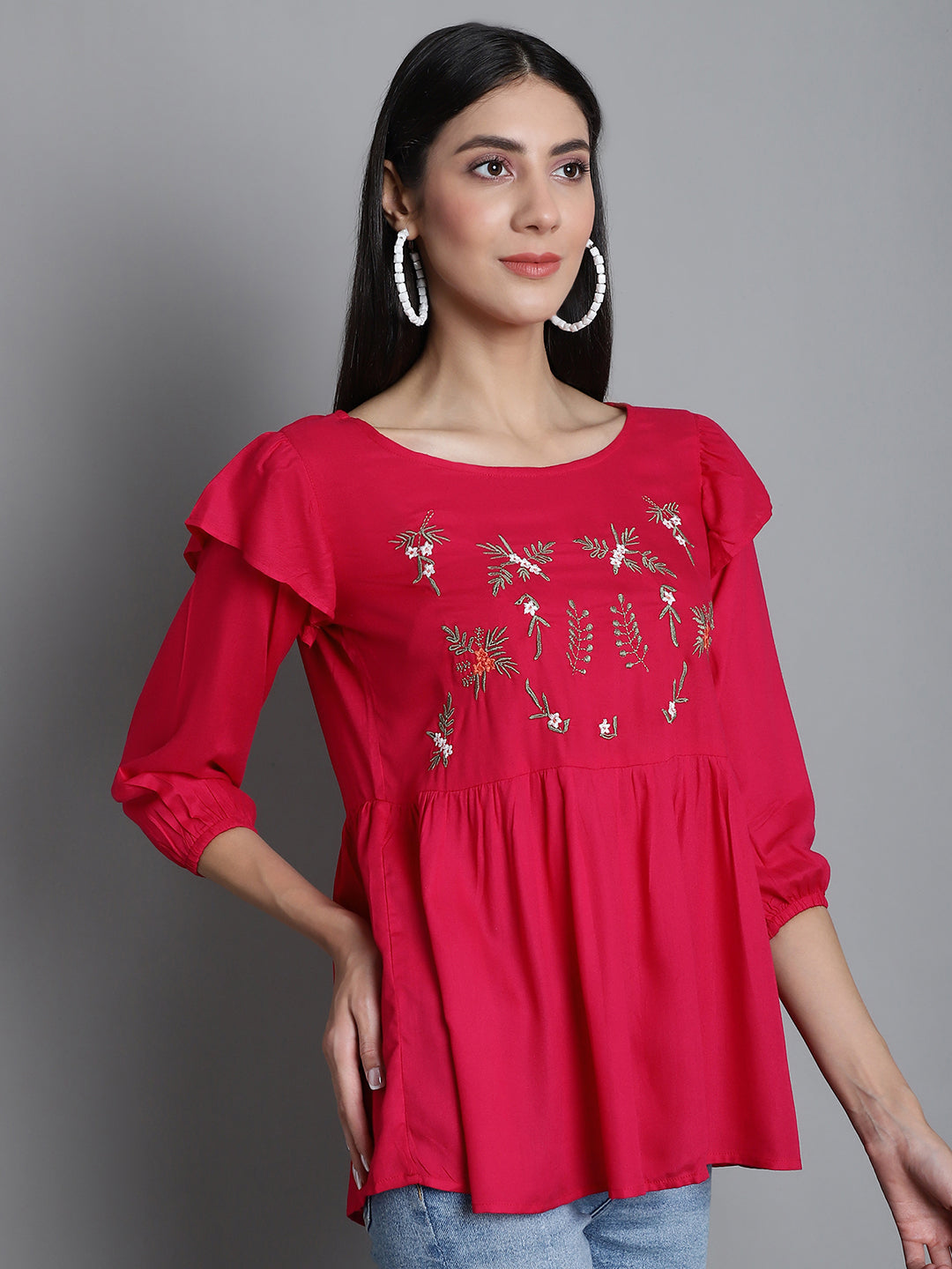 Jainish Women's Embroidered Stylish Top - Red - Distacart
