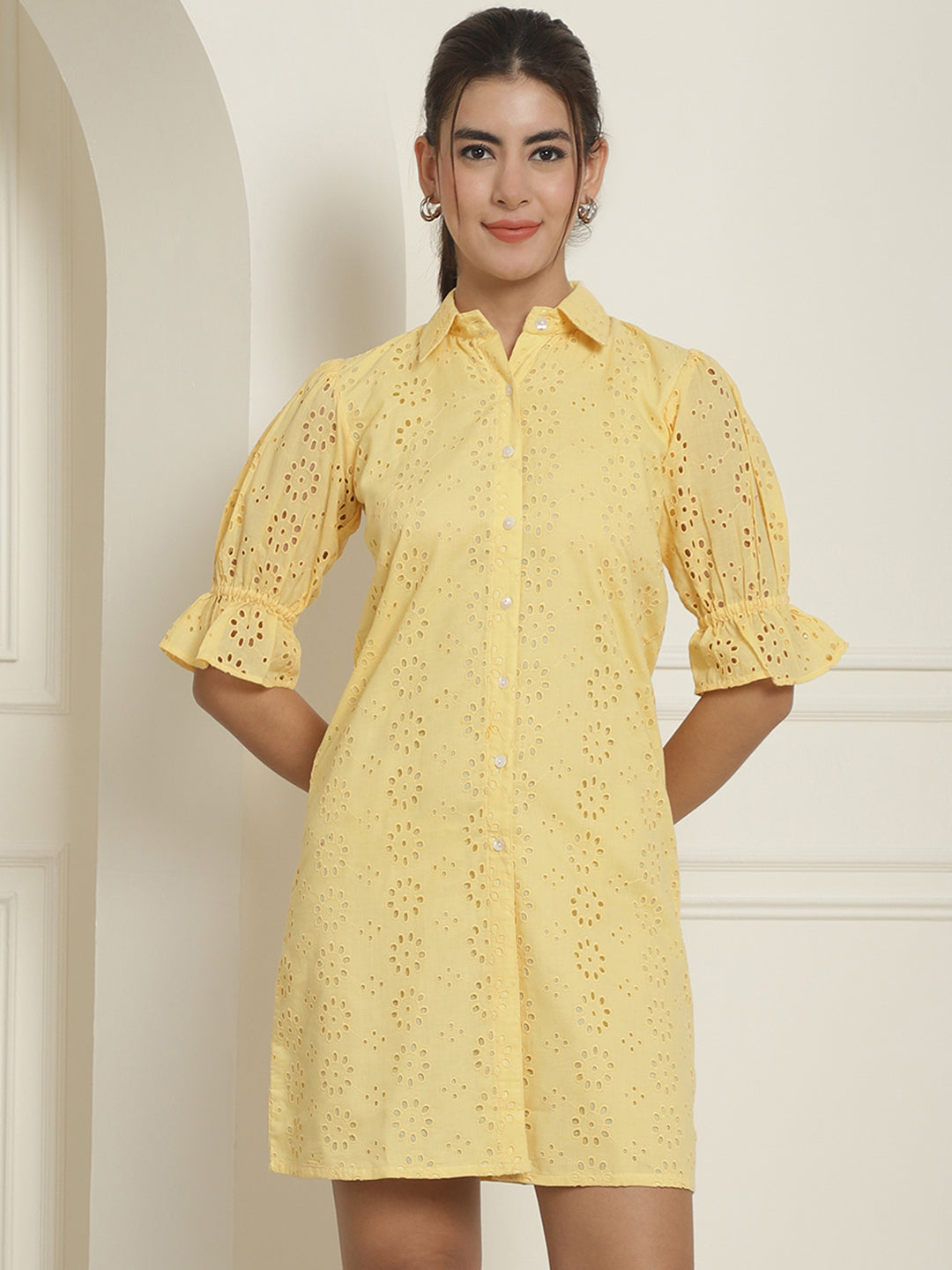 Indian Needle Women's Embroidered Cotton Dress - Yellow - Distacart