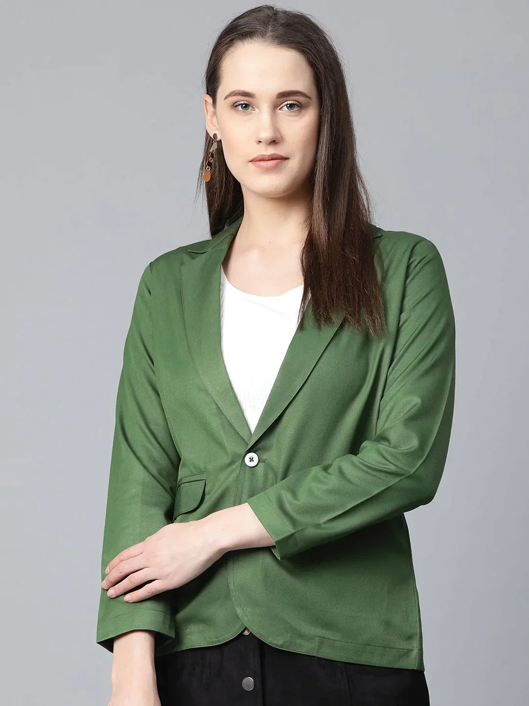 Women Olive-Green Solid Single-Breasted Smart Casual Blazer - Rasiya