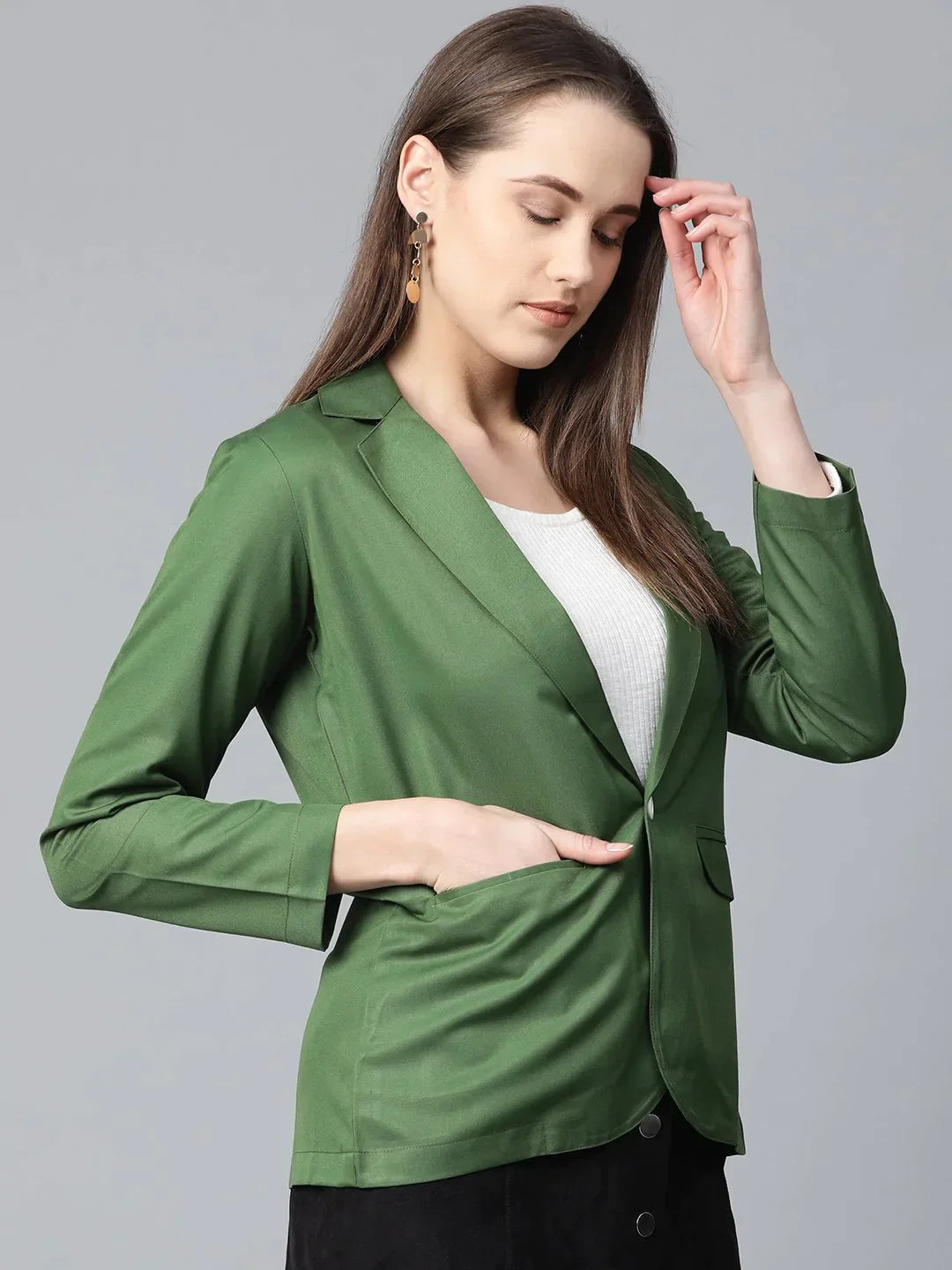 Women Olive-Green Solid Single-Breasted Smart Casual Blazer - Rasiya