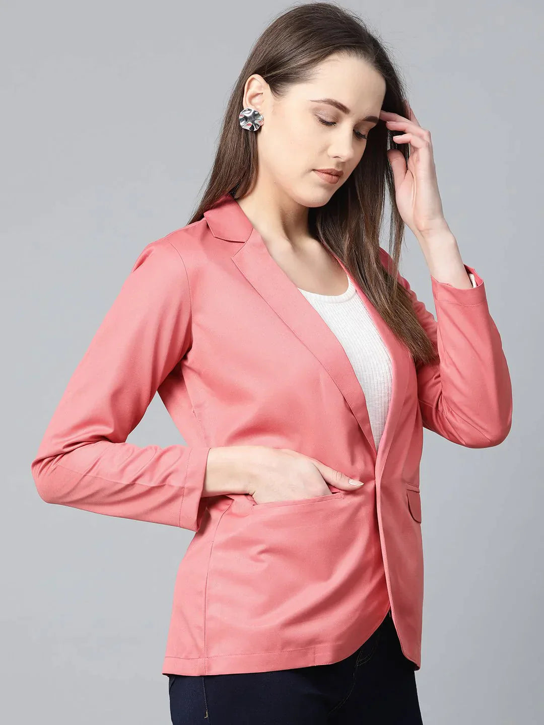 Women Peach Solid Single-Breasted Smart Casual Blazer - Rasiya