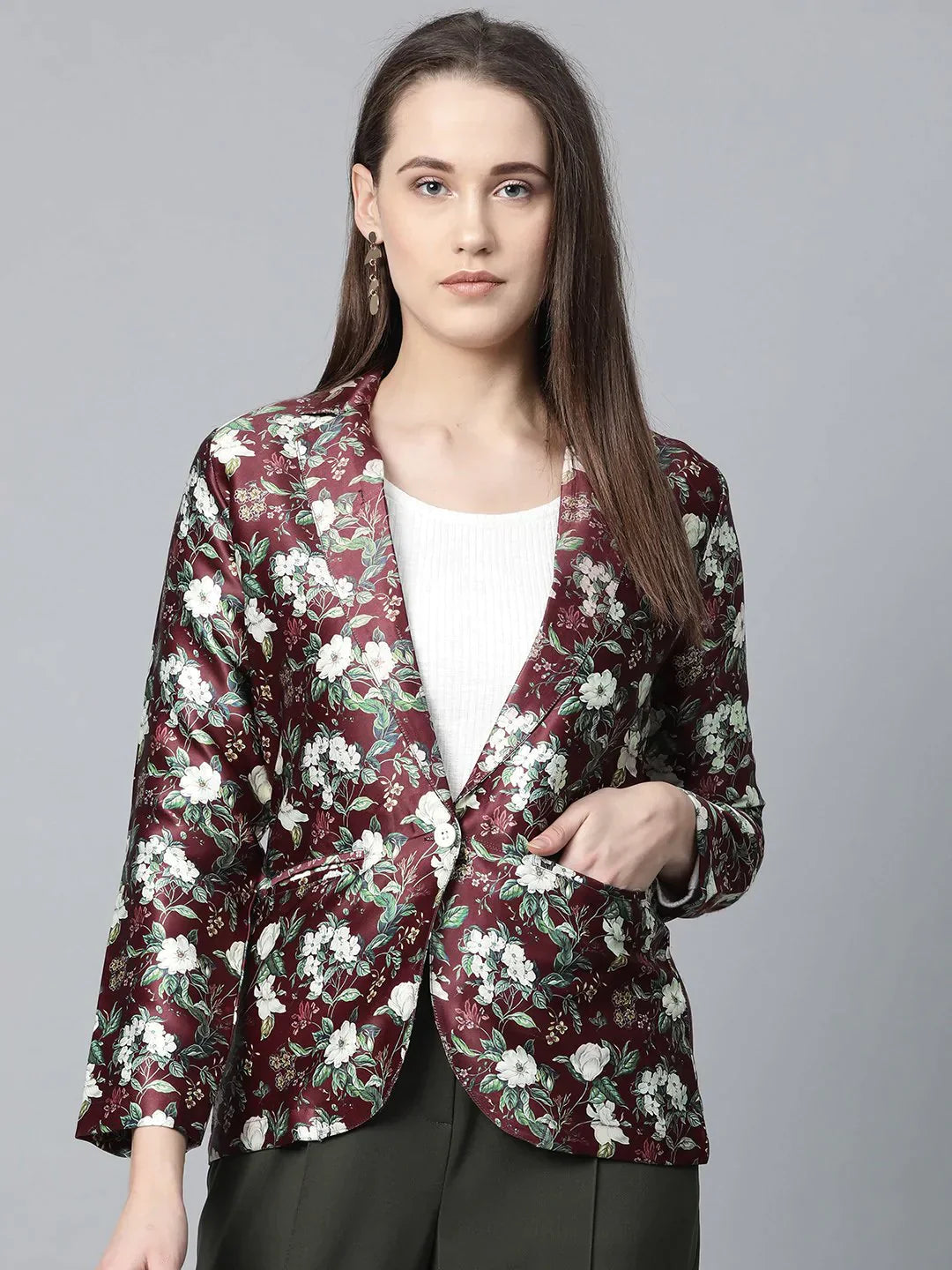 Women Maroon & Green Satin Floral Print Single-Breasted Casual Blazer - Rasiya