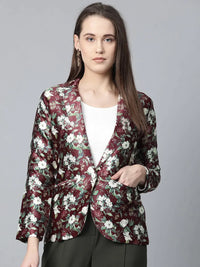 Thumbnail for Women Maroon & Green Satin Floral Print Single-Breasted Casual Blazer - Rasiya
