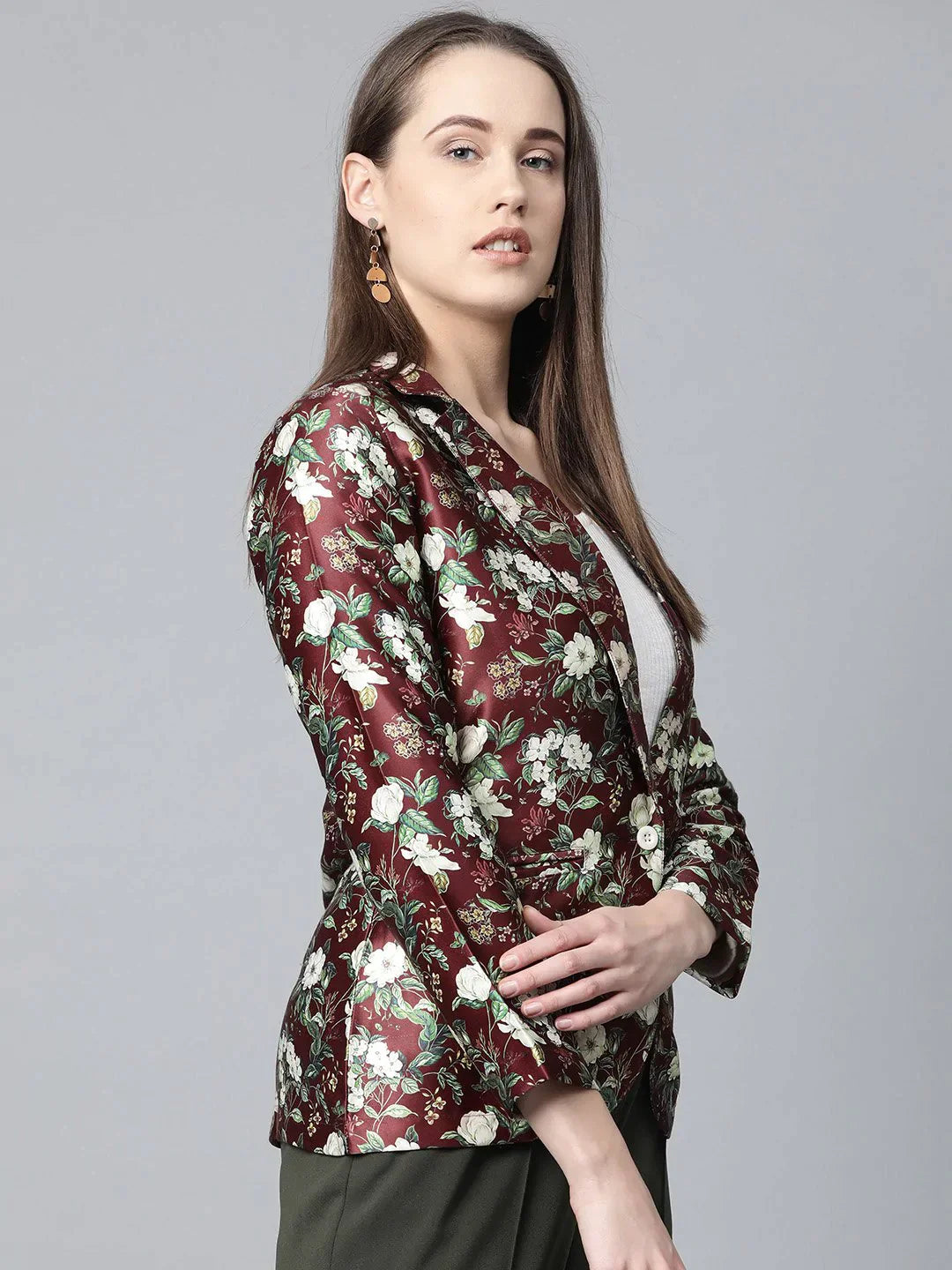 Women Maroon & Green Satin Floral Print Single-Breasted Casual Blazer - Rasiya