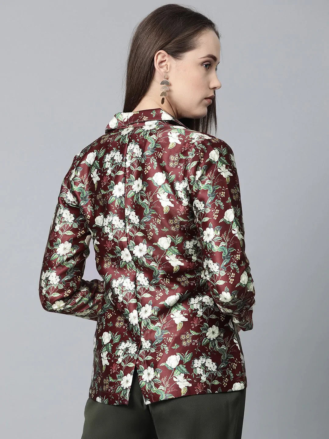 Women Maroon & Green Satin Floral Print Single-Breasted Casual Blazer - Rasiya