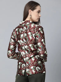 Thumbnail for Women Maroon & Green Satin Floral Print Single-Breasted Casual Blazer - Rasiya