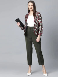Thumbnail for Women Maroon & Green Satin Floral Print Single-Breasted Casual Blazer - Rasiya
