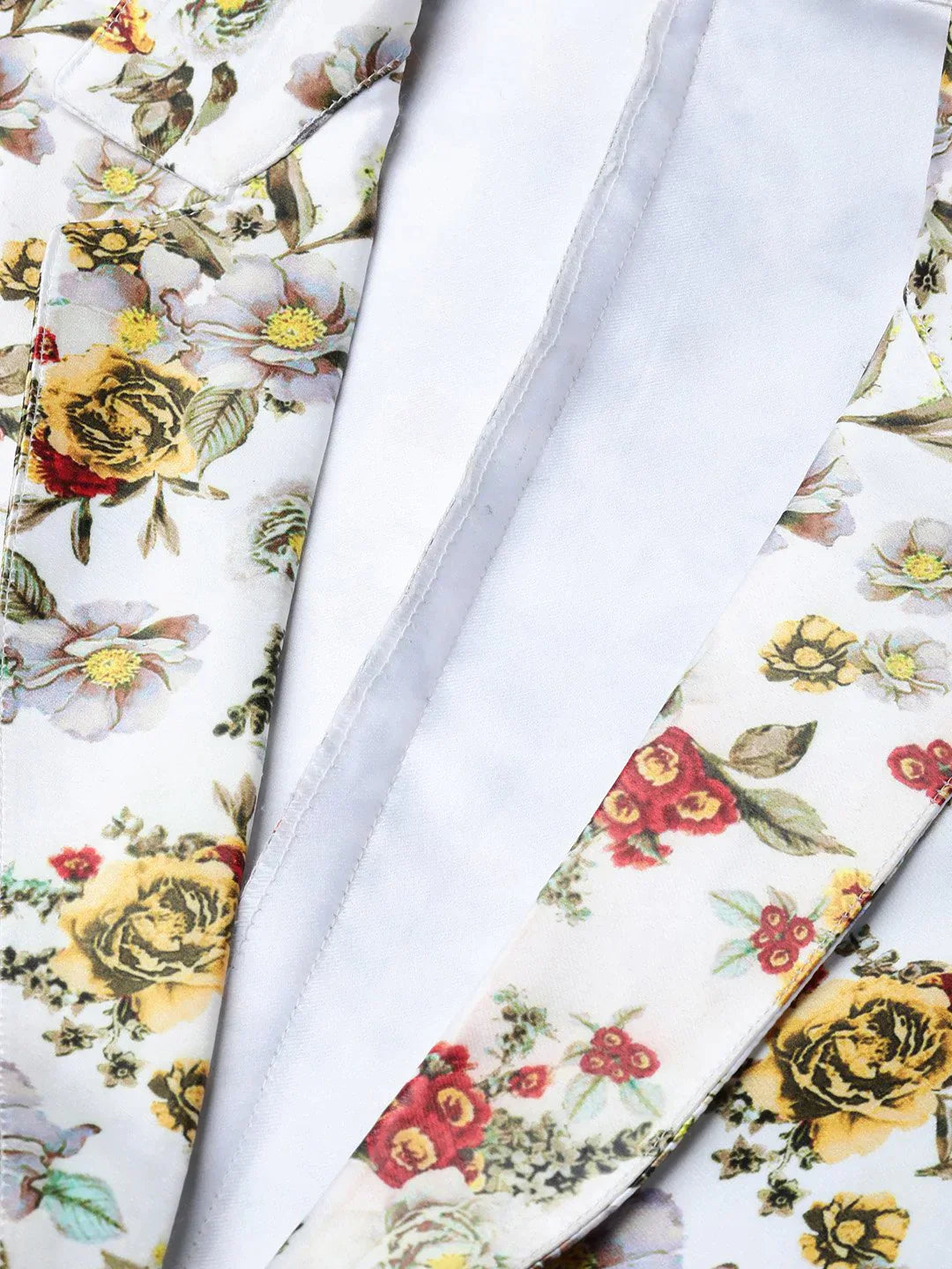 Women White & Yellow Satin Finish Floral Print Single-Breasted Blazer - Rasiya