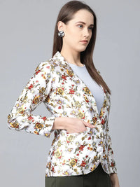 Thumbnail for Women White & Yellow Satin Finish Floral Print Single-Breasted Blazer - Rasiya