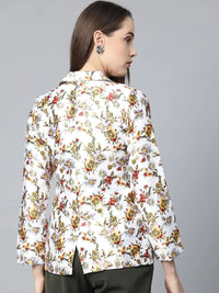 Thumbnail for Women White & Yellow Satin Finish Floral Print Single-Breasted Blazer - Rasiya