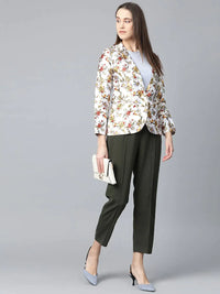 Thumbnail for Women White & Yellow Satin Finish Floral Print Single-Breasted Blazer - Rasiya