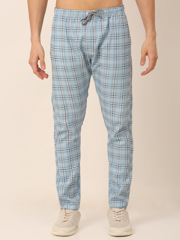 Jainish Men's Checked Cotton Track Pants - Sky Blue - Distacart
